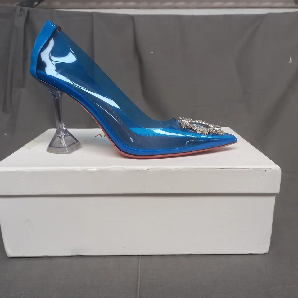 BOXED PAIR OF AMINA MUADDI HIGH HEELED SHOES IN BRIGHT BLUE EU SIZE 40