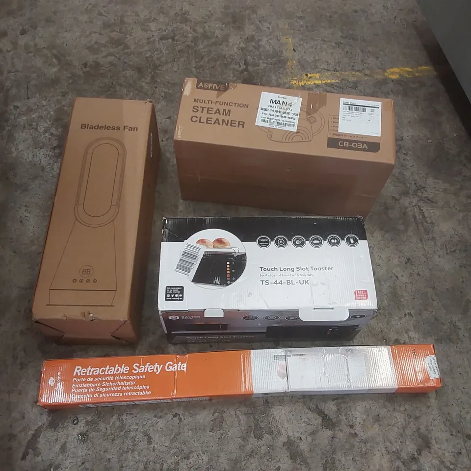 PALLET CONTAINING A LARGE QUANTITY OF ASSORTED ITEMS INCLUDING: BLADELESS FAN, TOASTER, STEAM CLEANER, RETRACTABLE SAFETY GATE ECT