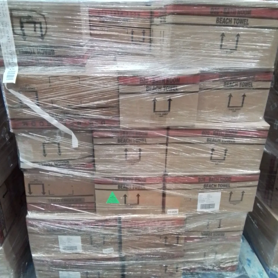 PALLET CONTAINING APPROXIMATELY 36 6-PACK BOXES OF BRAND NEW SUMMER THEMED BEACH TOWELS 