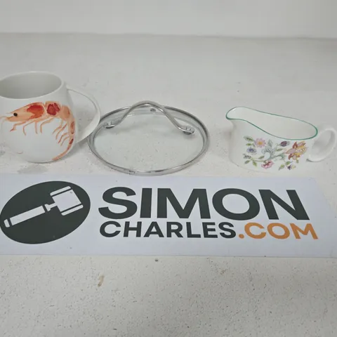 LOT OF APPROXIMATELY 20 ASSORTED POTTERY ITEMS TO INCLUDE MUGS, GLASS PAN LIDS AND PLATES/BOWLS