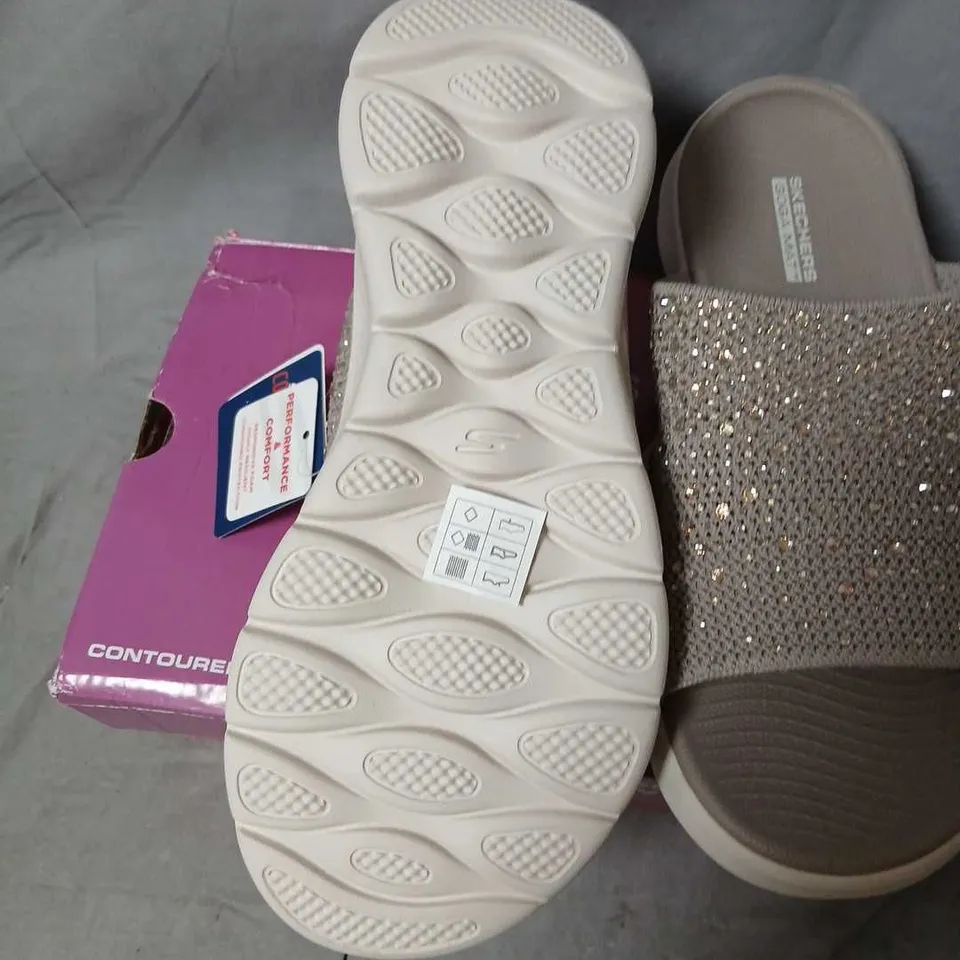 SKECHERS GOWALK SANDALS – WOMEN'S, UK 5 (EU 38), GREY/BEIGE WITH RHINESTONE STRAP