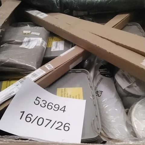 PALLET OF ASSORTED DIY, HOME IMPROVEMENT AND BUILDING PRODUCTS TO INCLUDE; WALL PANELLING, DAMP PROOF, EASY FIX MORTAR, PERMANENT POTHOLE REPAIR ETC