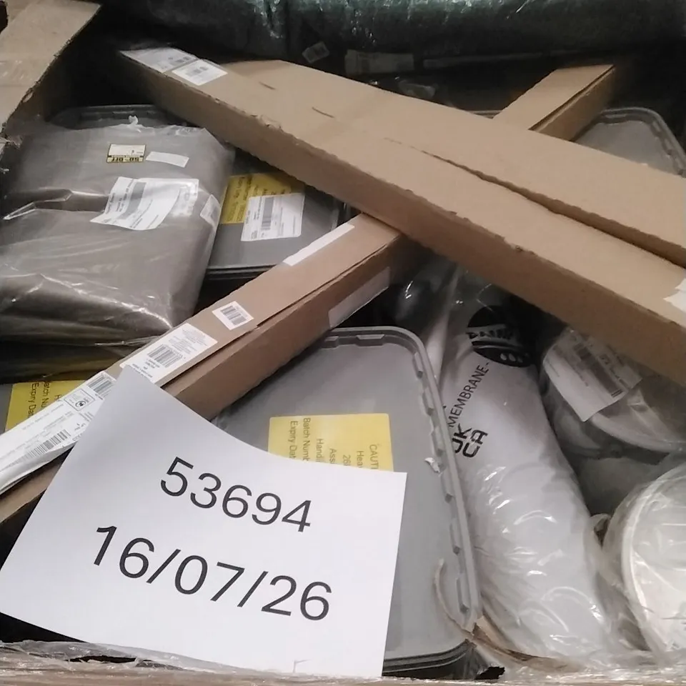 PALLET OF ASSORTED DIY, HOME IMPROVEMENT AND BUILDING PRODUCTS TO INCLUDE; WALL PANELLING, DAMP PROOF, EASY FIX MORTAR, PERMANENT POTHOLE REPAIR ETC