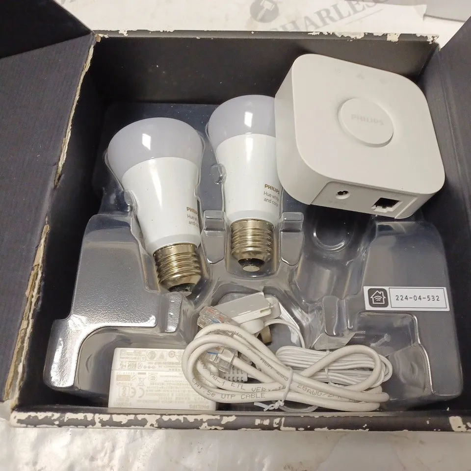 BOXED PHILIPS HUE WHITE AND COLOUR AMBIANCE STARTER KIT