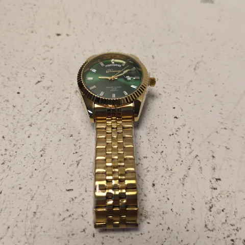 DEVOSI GOLD-TONE BRACELET WRISTWATCH WITH GREEN DIAL, DAY-DATE, QUARTZ MOVEMENT