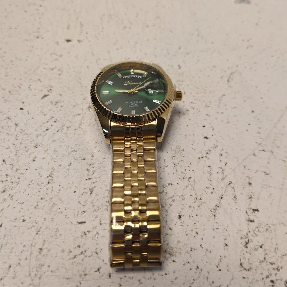 DEVOSI GOLD-TONE BRACELET WRISTWATCH WITH GREEN DIAL, DAY-DATE, QUARTZ MOVEMENT