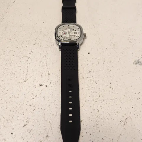 LEE COOPER LONDON SKELETON WATCH – STAINLESS STEEL BACK, BLACK PERFORATED RUBBER STRAP
