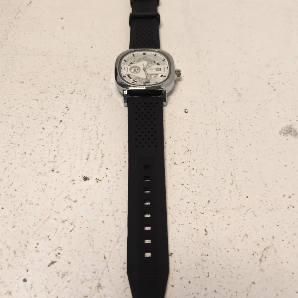 LEE COOPER LONDON SKELETON WATCH – STAINLESS STEEL BACK, BLACK PERFORATED RUBBER STRAP