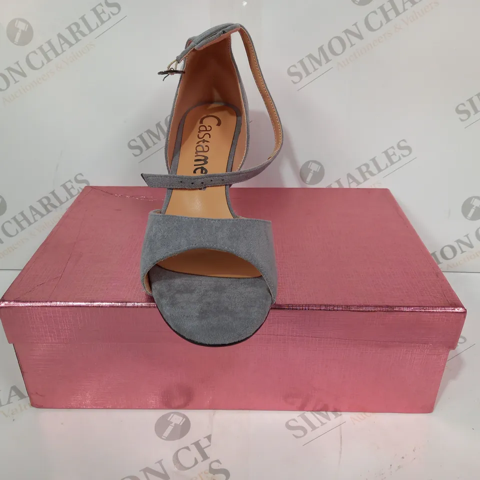 BOXED PAIR OF CASTAMERE OPEN TOE SUEDE HEELS IN GREY EU SIZE 38.5