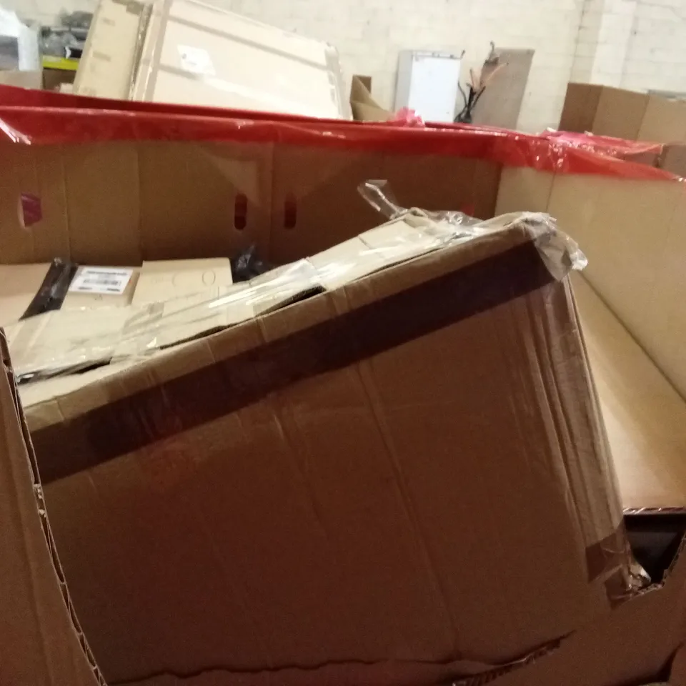 PALLET OF ASSORTED HOUSEHOLD GOODS AND PRODUCTS TO INCLUDE; CEILING LIGHT WITH FAN,PILATES TRAINER KIT, PHOTO FRAME