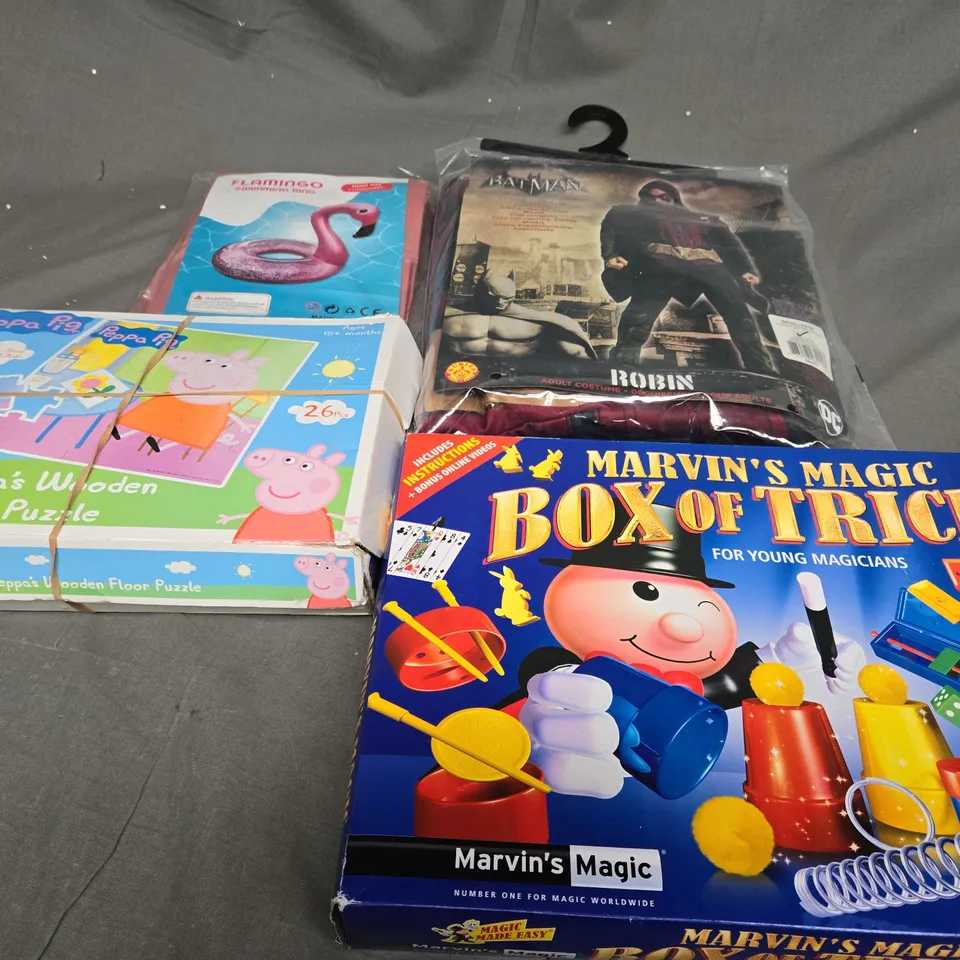 BOX OF APPROX 25 ASSORTED TOYS TO INCLUDE - MARVINS MAGIC BOX OF TRICKS , FLAMINGO SWIMMING RING , PEPPA PIG WOODEN FLOOR PUZZLE ETC