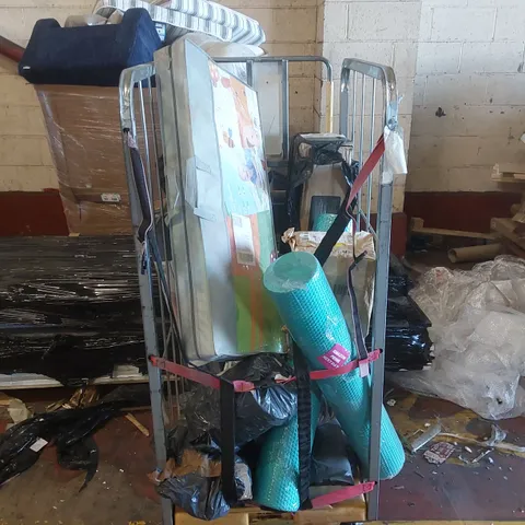 CAGE CONTAINING A LARGE QUANTITY OF ASSORTED ITEMS INCLUDING: YOGA MATS, PLAY MAT, FOAM ROLLER ECT  // CAGE NOT INCLUDED 