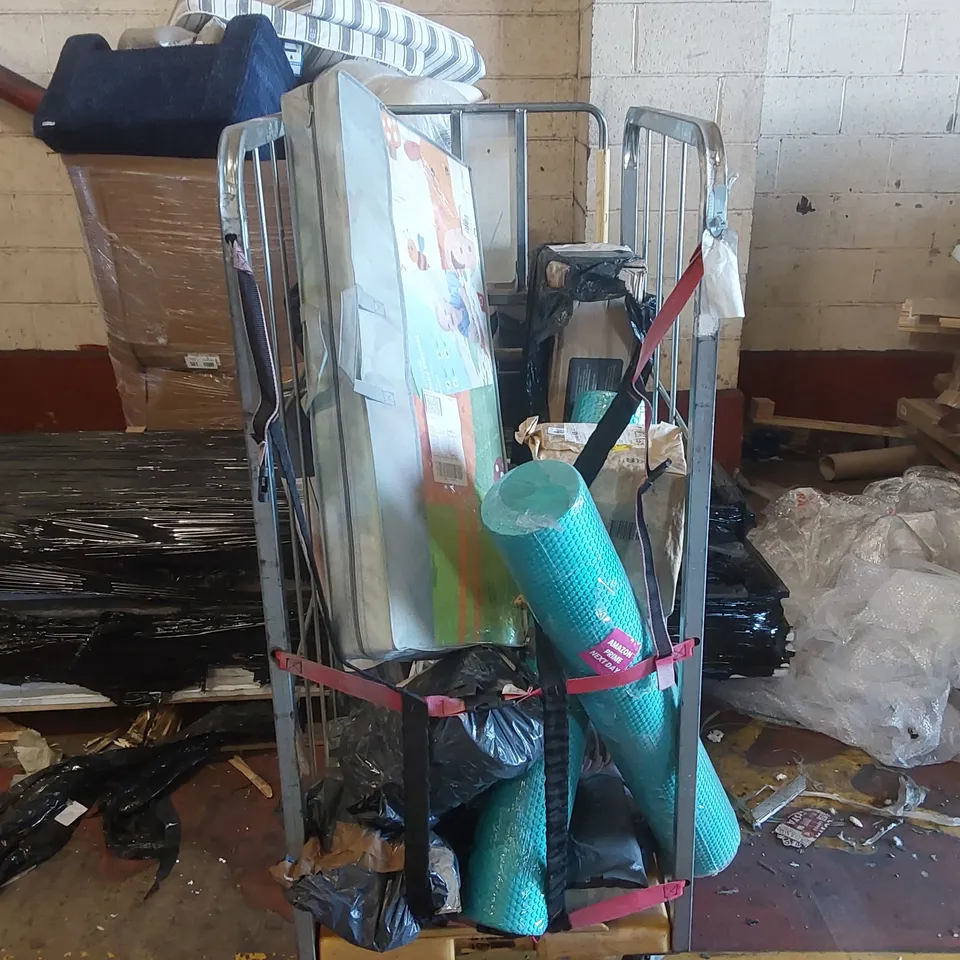 CAGE CONTAINING A LARGE QUANTITY OF ASSORTED ITEMS INCLUDING: YOGA MATS, PLAY MAT, FOAM ROLLER ECT  // CAGE NOT INCLUDED 