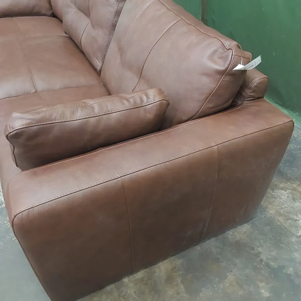 DESIGNER 3 SEATER TAN LEATHER CHAISE SOFA 