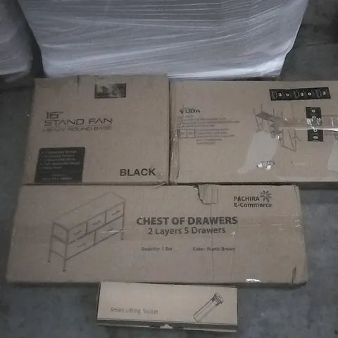 PALLET OF ASSORTED ITEMS INCLUDING, PACHIRA CHEST OF DRAWERS, SULMANX 16" FAN, SMART LIFTING SOCKET AND YUDA FURNITURE