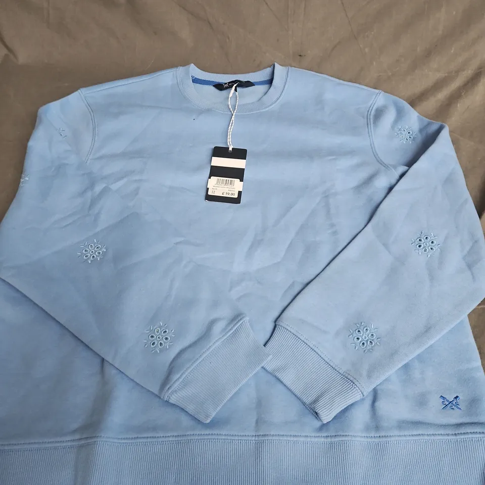 CREW CLOTHING COMPANY BLUE BRODERIE SLEEVE SWEATSHIRT – UK 12 