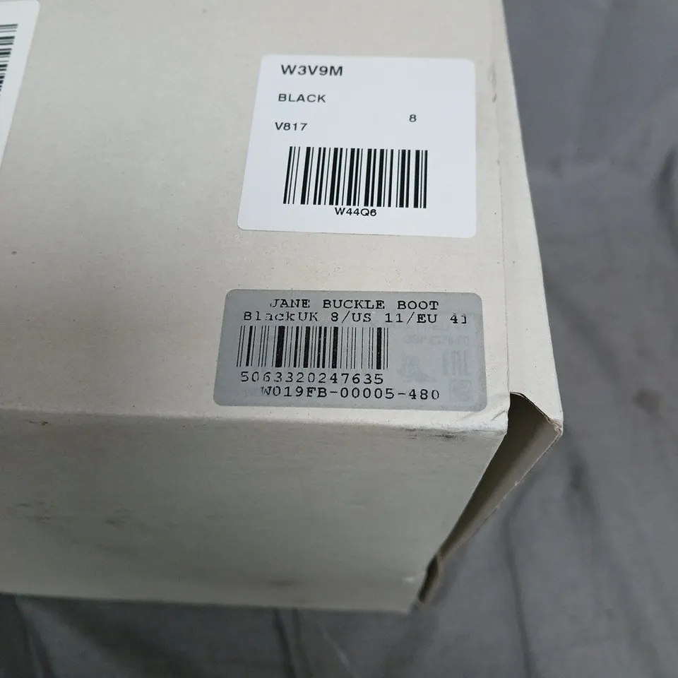 BOXED PAIR OF ALLSAINTS JANE BUCKLE BOOT – BLACK BUCKLE-STRAP ANKLE BOOTS, UK 8