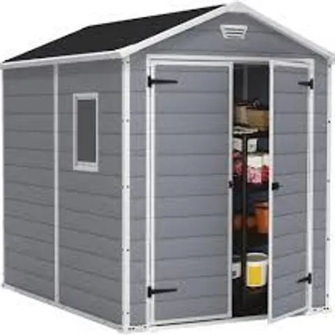 BOXED KETER MANOR OUTDOOR PLASTIC GARDEN STORAGE SHED, 6x8ft - GREY (1 BOX)
