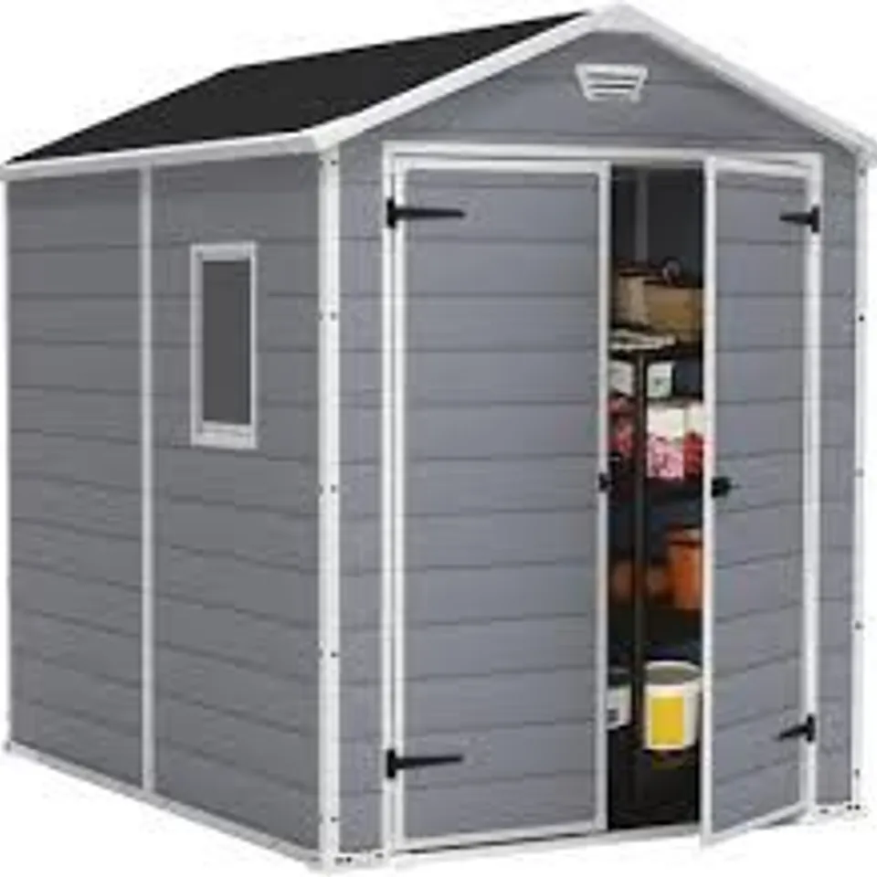 BOXED KETER MANOR OUTDOOR PLASTIC GARDEN STORAGE SHED, 6x8ft - GREY (1 BOX)