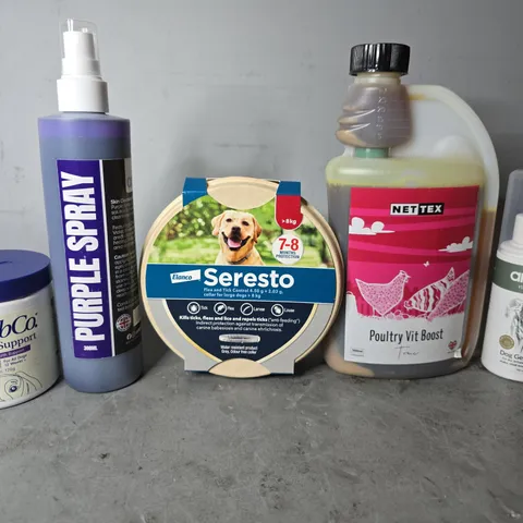 TOTE OF APPROXIMATELY 13 ASSORTED PET ITEMS TO INCLUDE -SERESTO , NETTEX POULTRY VIT BOOST , PURPLE SPRAY ETC