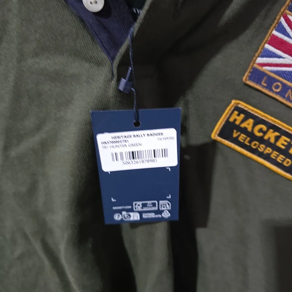 HACKETT LONDON HERITAGE POLO SHIRT – OLIVE GREEN WITH UNION JACK & VELOSPEED PATCHES, AGE 15-16 YEARS