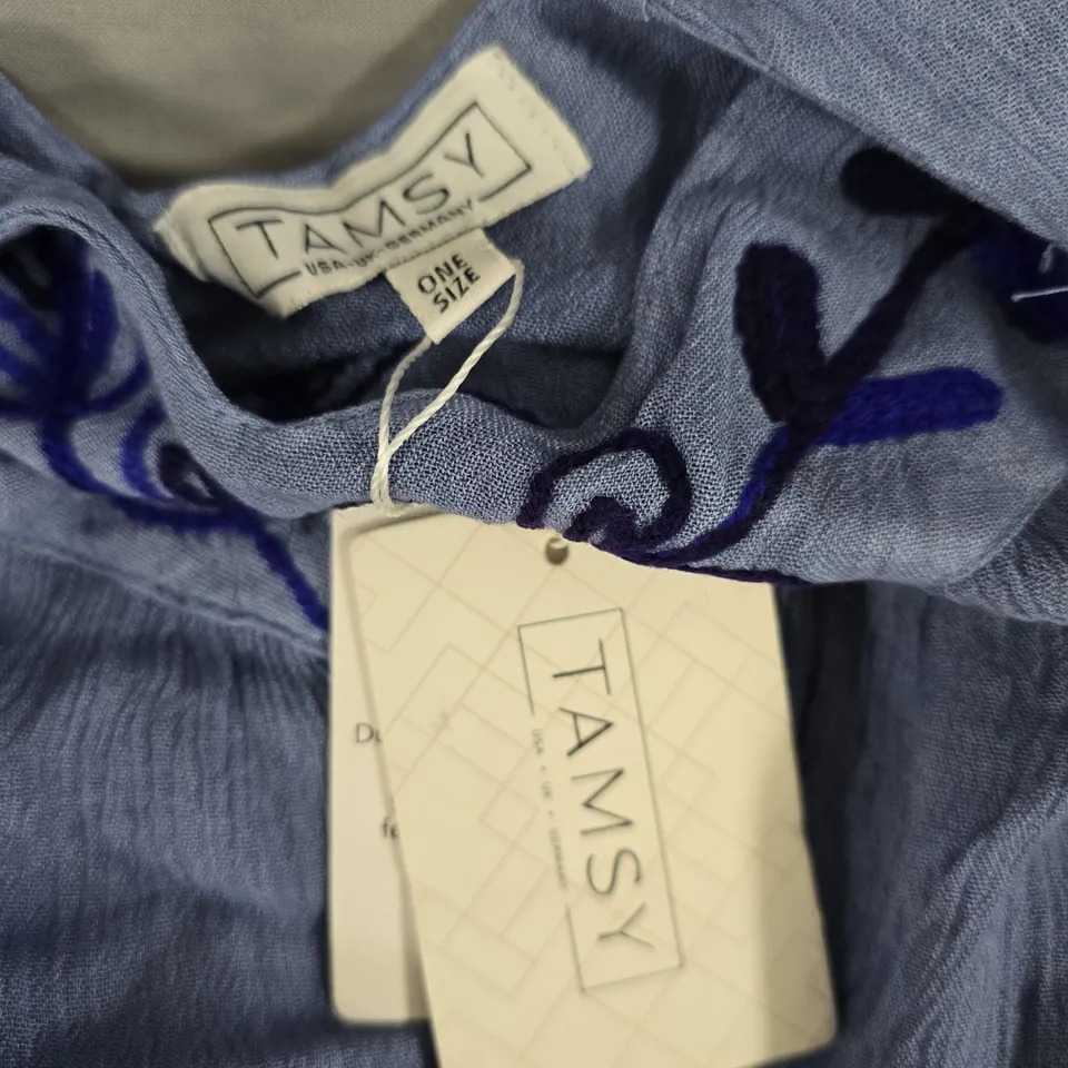 TAMSY WOMEN'S BLUE CHAMBRAY DRESS WITH FLORAL EMBROIDERY – ONE SIZE