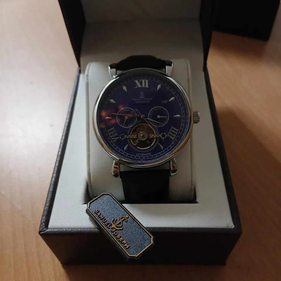 SAMUEL JOSEPH AUTOMATIC LIMITED EDITION SILVER BLUE WRISTWATCH – BOXED