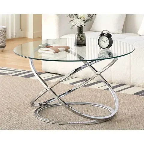 BOXED COMFY LIVING ISABELLA ROUND ABSTRACT TEMPERED GLASS COFFEE TABLE CHROME EFFECT FRAME IN SILVER
