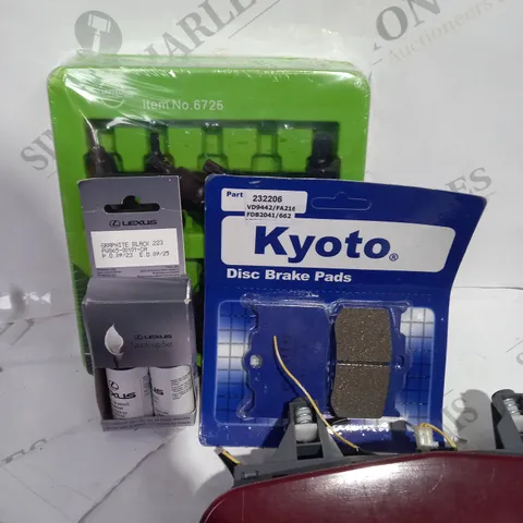 LOT OF ASSORTED ITEMS TO INCLUDE TOUCH UP SET - KYOTO BRAKE PADS - REAR LIGHT / COLLECTION ONLY