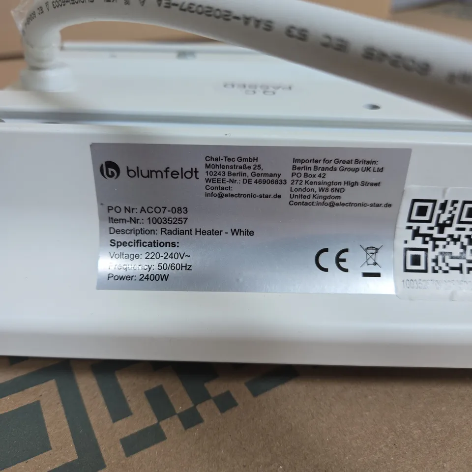 BLUMFELDT RADIANT HEATER – WHITE, 2400W, 220-240V