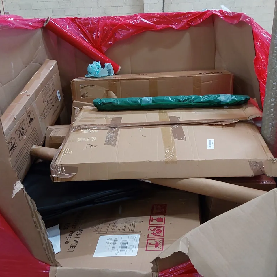 PALLET OF ASSORTED HOUSEHOLD ITEMS AND CONSUMER PRODUCTS. INCLUDING BABY PLAYPENS, STEERING WHEEL LOCKS, FLOWER POT,  RETRACTABLE GARDEN HOSE REEL, BOXED FURNITURE ETC 