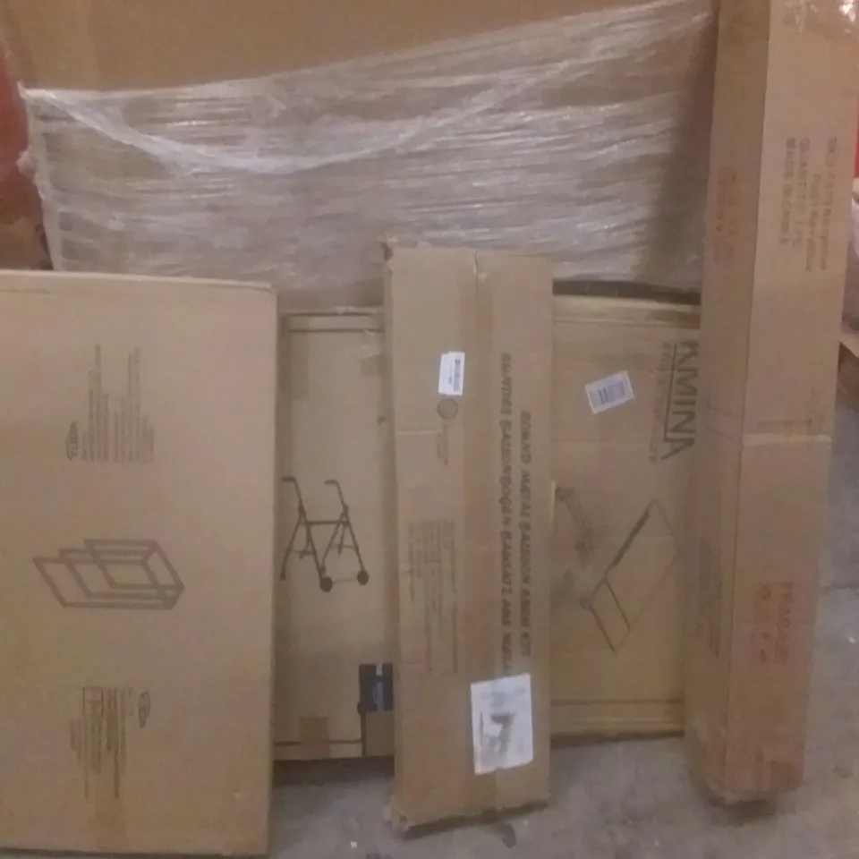 PALLET OF ASSORTED ITEMS INCLUDING GARDEN UMBRELLA, OVERBED TABLE, MOBILITY WALKER