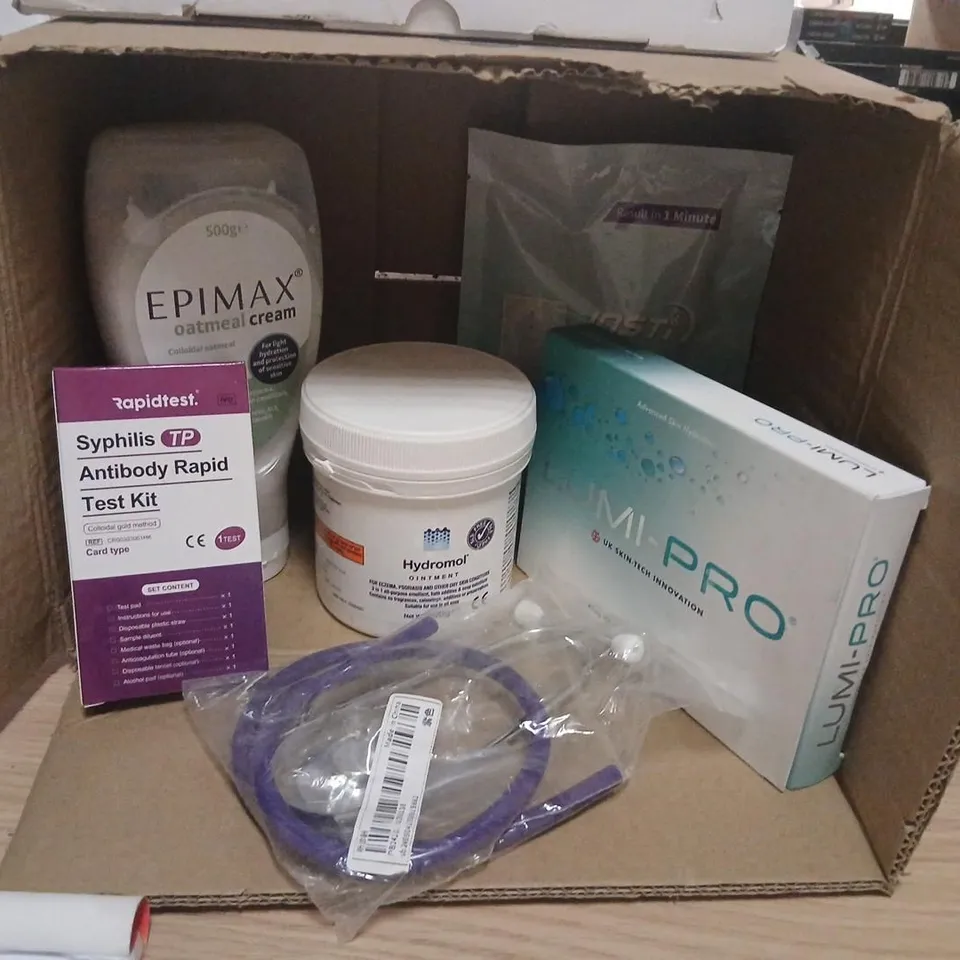 APPROXIMATELY 11 ASSORTED PRODUCTS TO INCLUDE; EPIMAX OATMEAL CREAM, LUMI-PRO ADVANCED SKIN HYDRATION, HYDROMOL OINTMENT AND SYPHILIS ANTIBODY RAPDI TEST KIT
