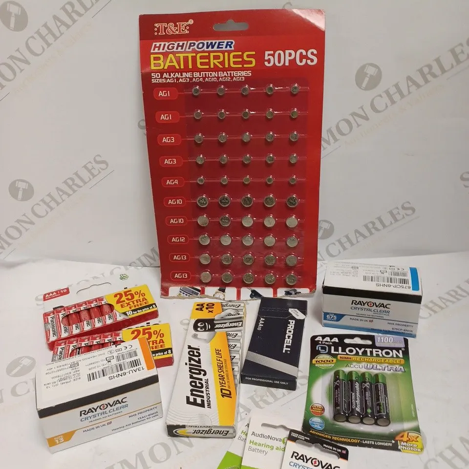 BOX OF ASSORTED BATTERIES TO INCLUDE HEARING AID BATTERIES, AA, AAA ETC