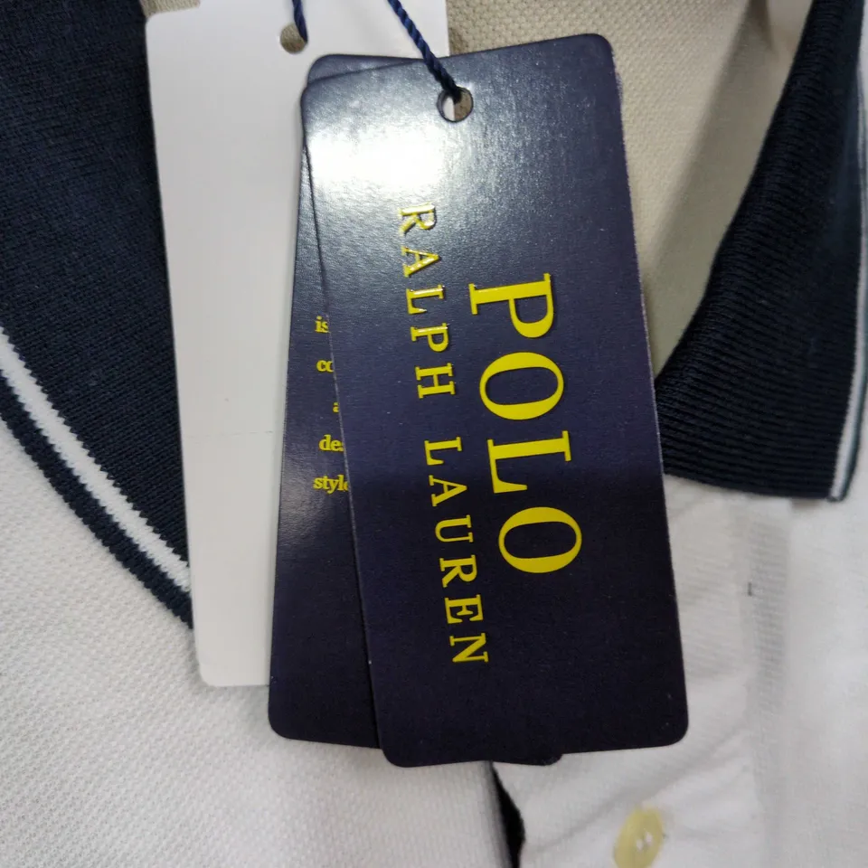 POLO RALPH LAUREN POLO SHIRT – WHITE WITH PARIS CREST, NAVY COLLAR, LARGE (L)
