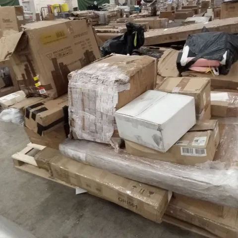 PALLET OF ASSORTED INCOMPLETE FURNITURE PARTS AND HOUSEHOLD ITEMS TO INCLUDE; TENTS, FURNITURE PARTS, LIGHT PENDANTS ETC