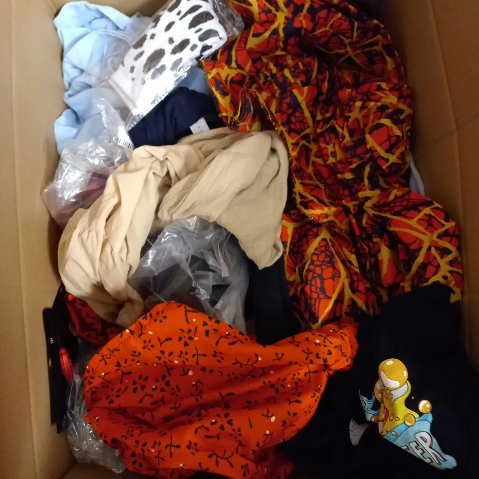 BOX OF ASSORTED CLOTHING ITEMS TOO INCLUDE JUMPERS, SHIRTS AND TROUSERS IN VARIOUS SIZES AND COLOURS   