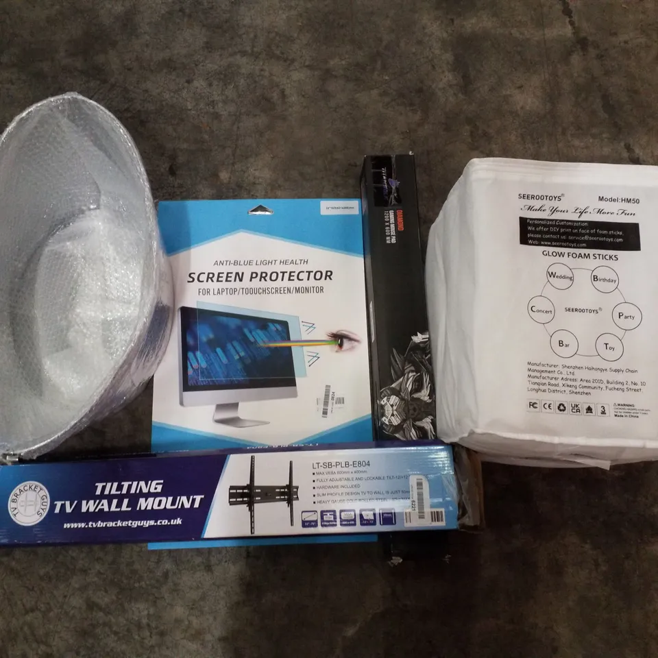 PALLET OF ASSORTED PRODUCTS INCLUDING SCREEN PROTECTOR, GLOW FOAM STICKS, GAMING MOUSE PAD, TILTING TV WALL MOUNT, 12L ICE BUCKET
