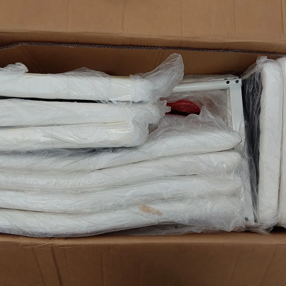 BOXED APPROXIMATELY 6 WHITE FAUX LEATHER DINING CHAIRS (1 BOX)