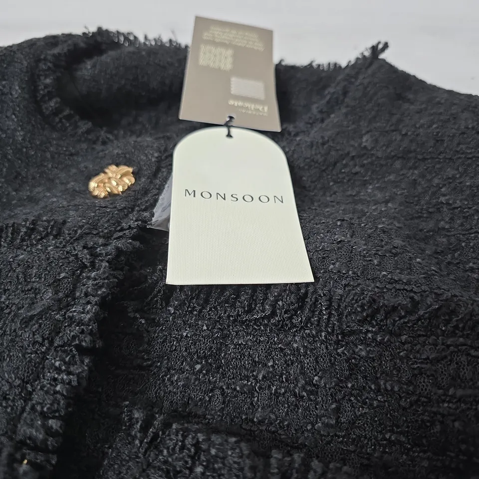 MONSOON WOMEN’S BLACK BOUCLÉ JACKET WITH GOLD BUTTON DETAIL (FRAYED EDGE) SMALL TAGGED