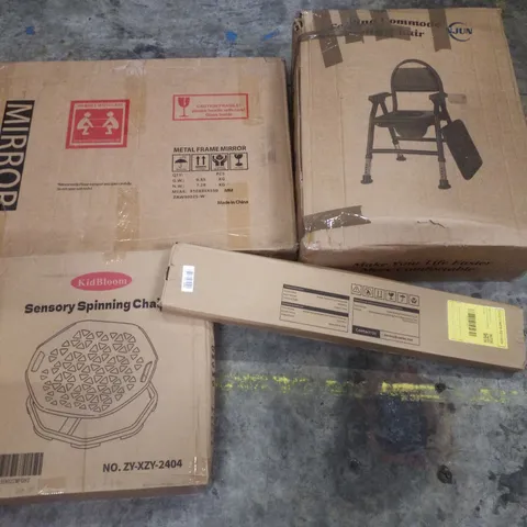 PALLET CONTAINING ASSORTED PRODUCTS INCLUDING METAL FRAME MIRROR, SENSORY SPINNING CHAIR, BATH TRAY & TOILET CHAIR