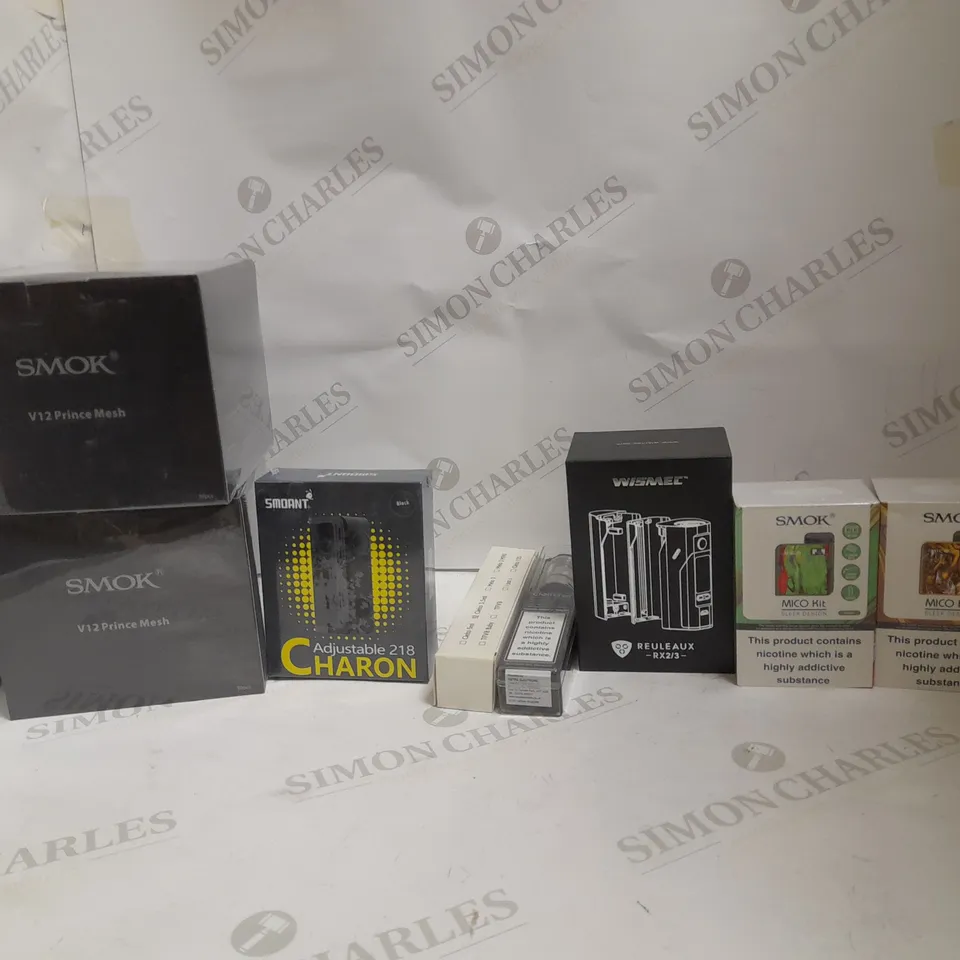 LOT OF APPROXIMATELY 10 E-CIGARETTE RELATED ITEMS TO INCLUDE SMOK V12 PRINCE MESH, SMOK MICO KIT, SMOANT CHARON RTC.