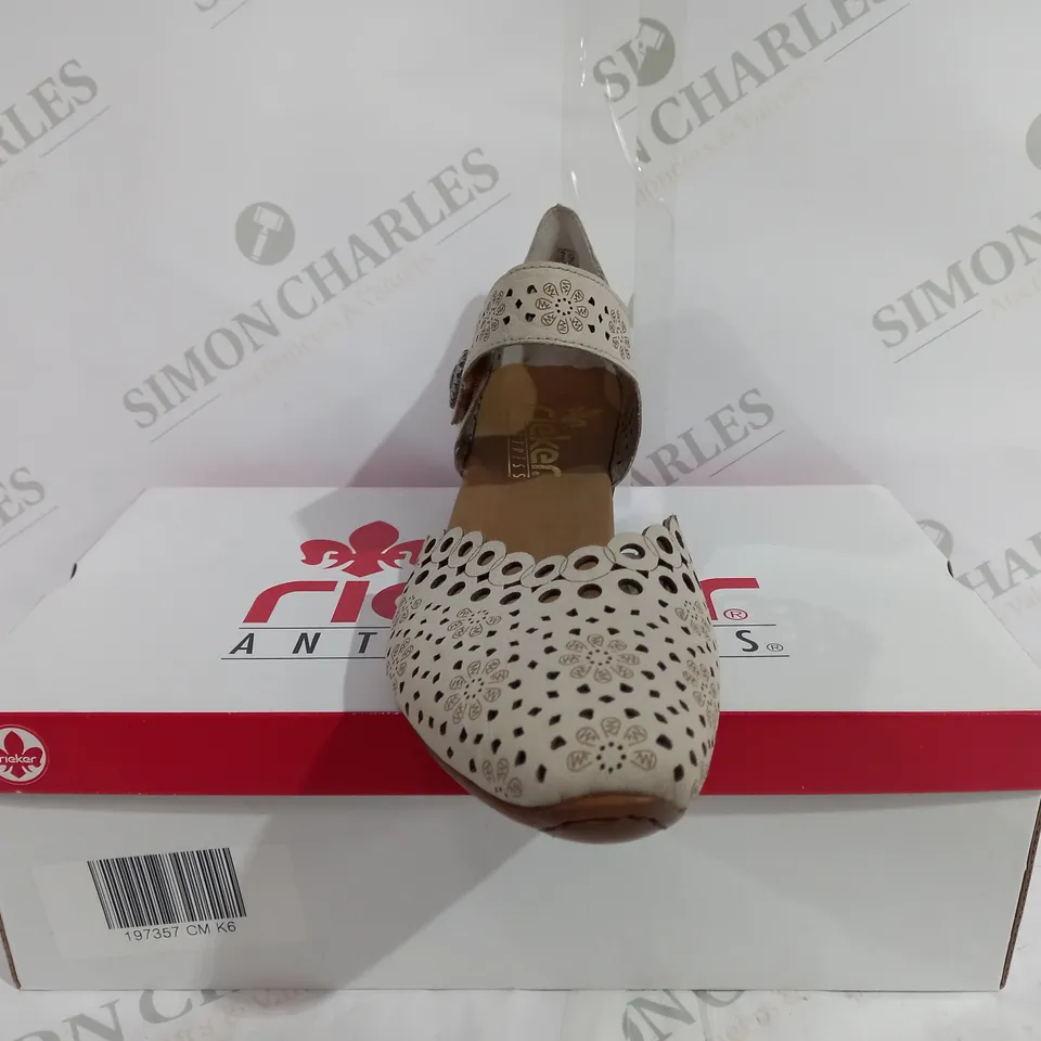 BOXED PAIR OF RIEKER ANTISTRESS HEELED SHOES IN BEIGE - SIZE 6