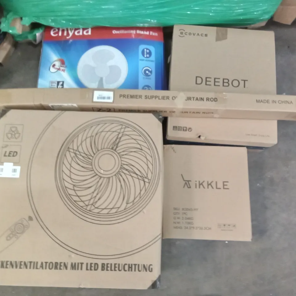PALLET OF ASSORTED ITEMS INCLUDING ECOVACS DEEBOT, CURTAIN RODS, ENYAA OSCILLATING STAND FAN, CEILING FANS WITH LED LAMP,  RENÉ MOP WITH DETACHABLE BASKET, ARTEESOL MATTRESS
