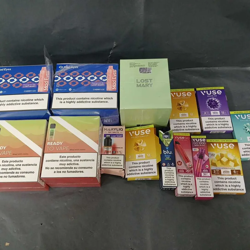 APPROXIMATELY 10 ASSORTED E-CIGARETTE PRODUCTS TO INCLUDE MAD EYES, LOST MARY, AND VUSE ETC. 