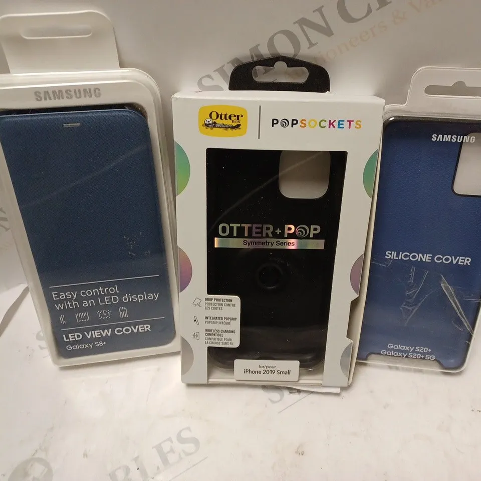 APPROXIMATELY 50 ASSORTED PHONE CASES TO INCLUDE OTTERBOX POPSOCKETS SYMMETRY SERIES FOR IPHONE 2019 SMALL CASE, SAMSUNG SILICONE COVER FOR SAMSUNG COVER S20+, SAMSUNG LED VIEW COVER FOR GALAXY S8+, E