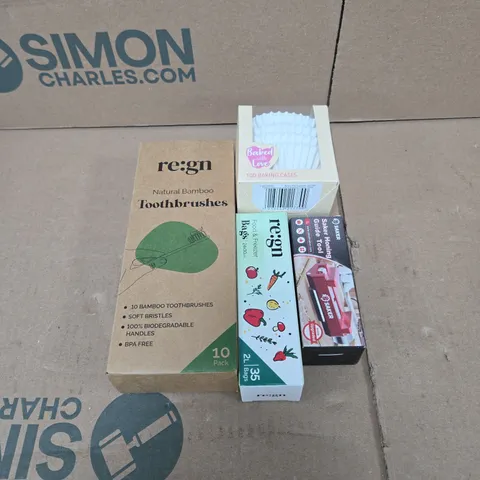 TOTE OF APPROXIMATELY 12 ASSORTED HOUSEHOLD ITEMS TO INCLUDE BAMBOO TOOTHBRUSHES,  FOOD AND FREEZER BAGS, BAKING CASES, HONING GUIDE TOOL ETC