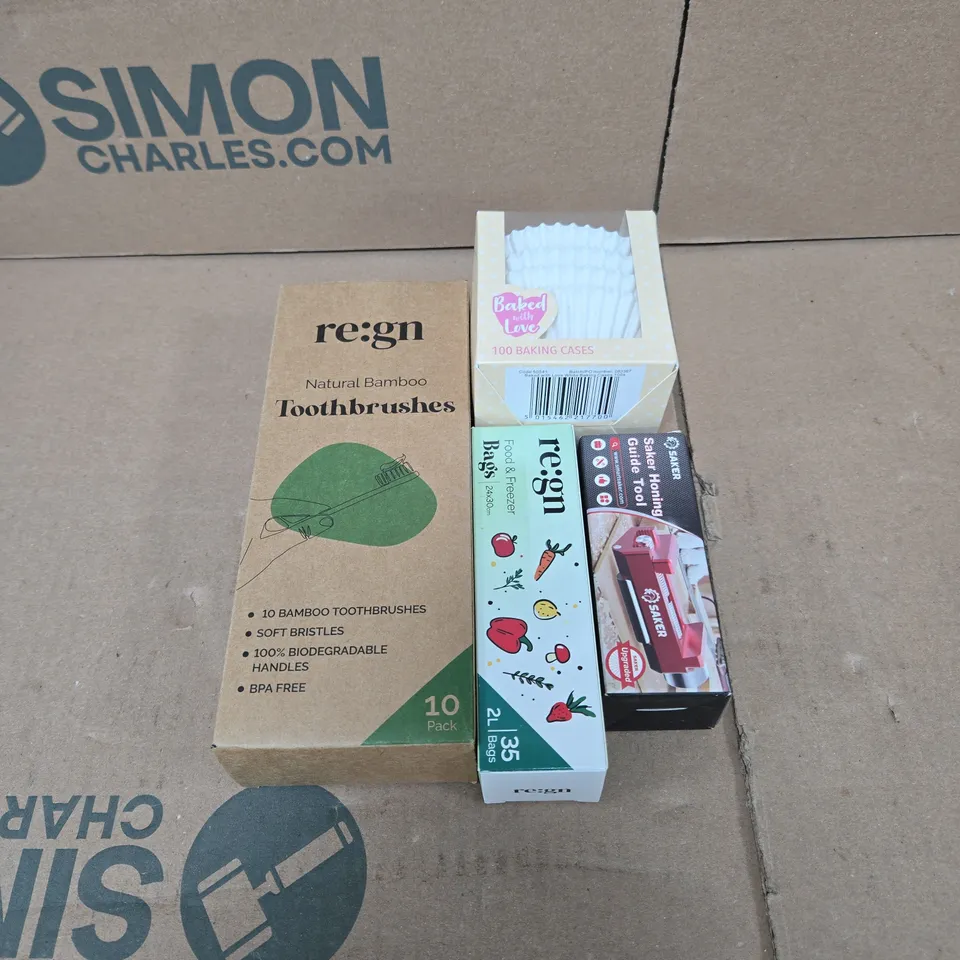 TOTE OF APPROXIMATELY 12 ASSORTED HOUSEHOLD ITEMS TO INCLUDE BAMBOO TOOTHBRUSHES,  FOOD AND FREEZER BAGS, BAKING CASES, HONING GUIDE TOOL ETC