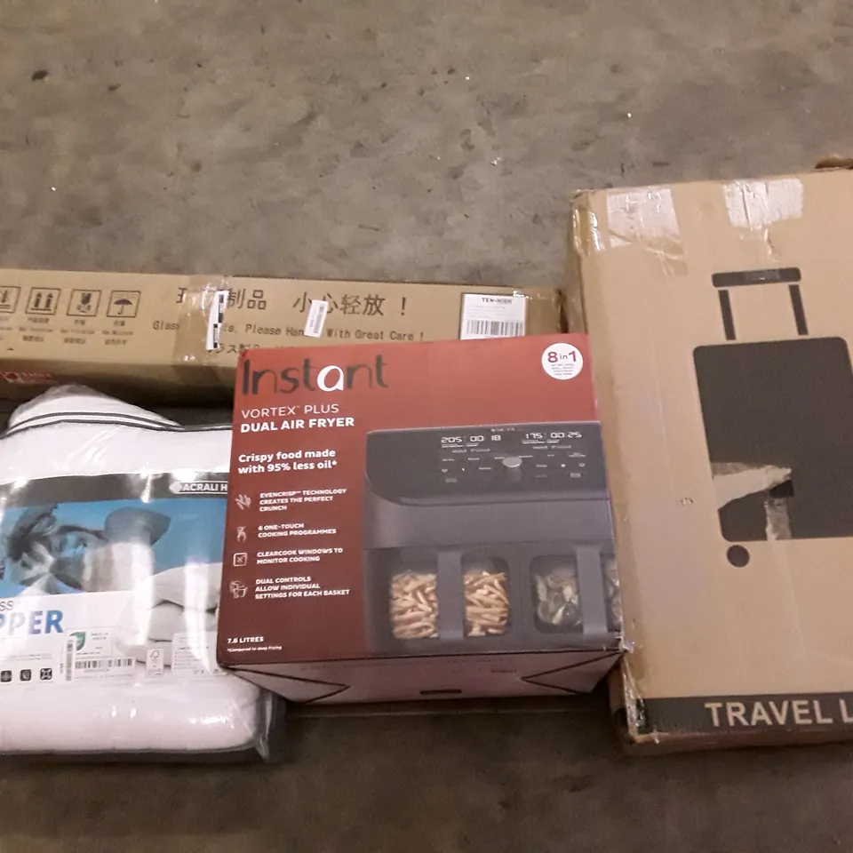 PALLET OF ASSORTED PRODUCTS INCLUDING MATTRESS TOPPER,  TRAVEL LUGGAGE, DUAL AIR FRYER, CO2 LASER TUBE, DISPOSABLE MEDICAL MASKS