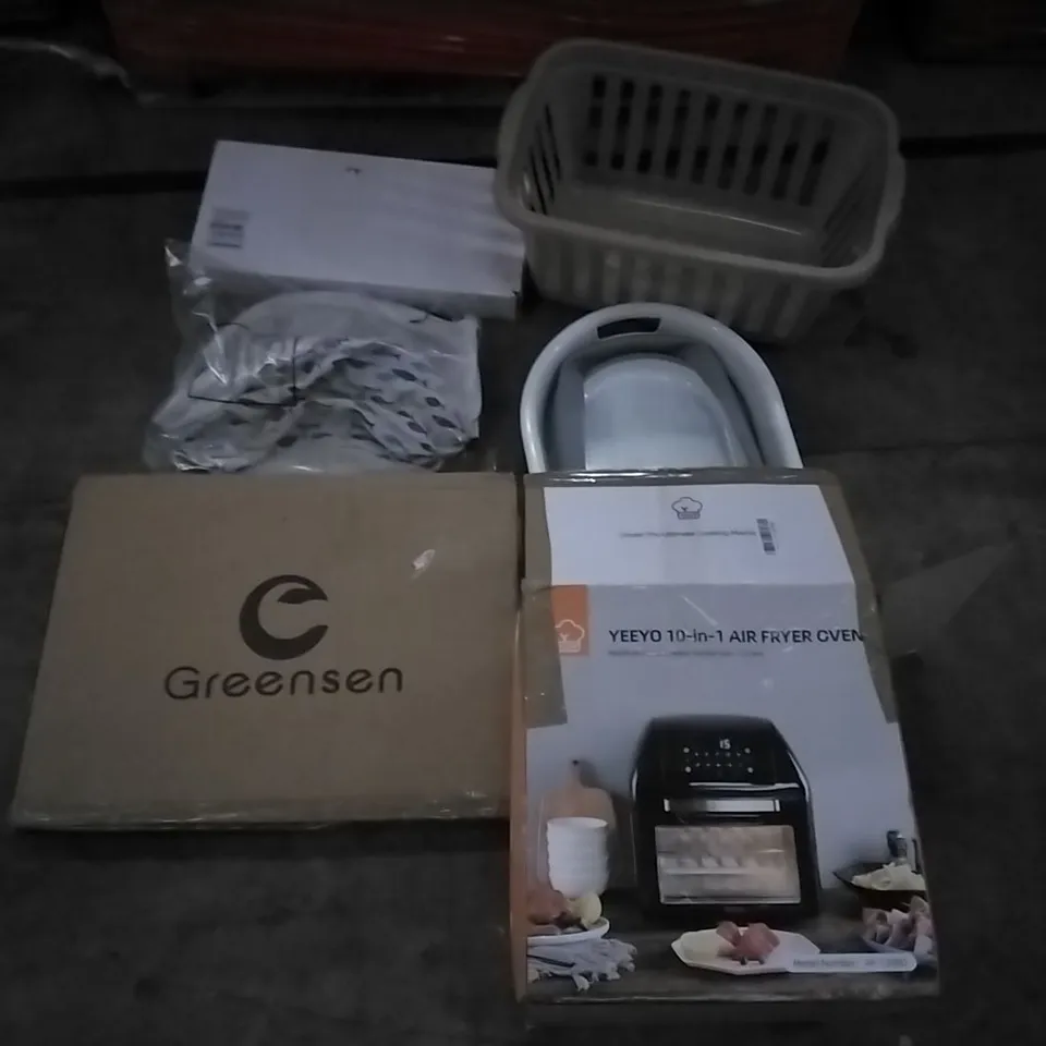 PALLET OF ASSORTED ITEMS INCLUDING YEEYO AIR FRYER OVEN, GREENSEN, LAUNDRY BASKETS, AIR COOLER, COMELIT